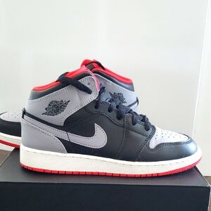 Air Jordan 1 MID (GS) Kids' Black, Gray, and Red Sneakers, Size 5Y